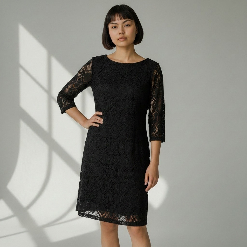 Fuzzi Black Xs Lace Sheath Dress Made In Italy 3/4 Sleeve Midi Quiet Luxury